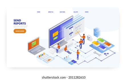 Send reports, landing page design, website banner vector template. Data transfer.