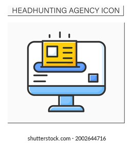 Send resume color icon. Send description about education, qualifications, and previous jobs to employer. Personal skills and abilities. Headhunting agency concept. Isolated vector illustration