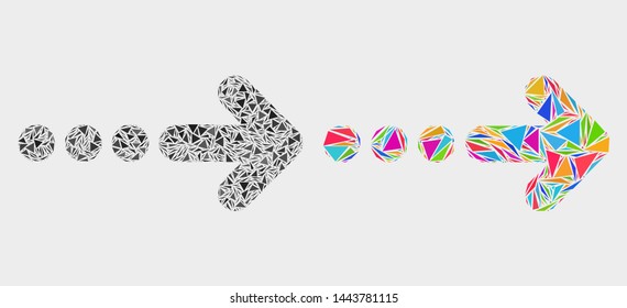 Send right collage icon of triangle elements which have variable sizes and shapes and colors. Geometric abstract vector illustration of send right.