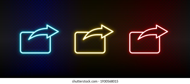 send, share neon icon set. Set of red, blue, yellow neon vector icon