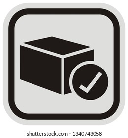 Send shipment, web vector icon at gray and black frame, black silhouette of packet. Icon for issued goods.