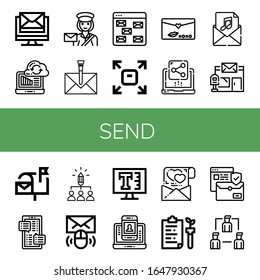 send simple icons set. Contains such icons as Email, Syncronization, Postwoman, Envelope, Sending, Love letter, Share, Invitation, Post office, can be used for web, mobile and logo