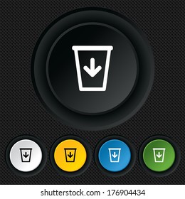 Send to the trash icon. Recycle bin sign. Round colourful buttons on black texture. Vector
