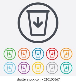 Send to the trash icon. Recycle bin sign. Round circle buttons with frame. Vector