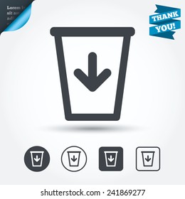 Send to the trash icon. Recycle bin sign. Circle and square buttons. Flat design set. Thank you ribbon. Vector