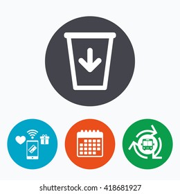 Send to the trash icon. Recycle bin sign. Mobile payments, calendar and wifi icons. Bus shuttle.