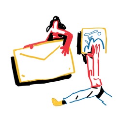 Send Vector concept. Somoes Holding Mail and image. Painting style and hand drawn. Bold line. Minimalist illustration, Primary Colors.