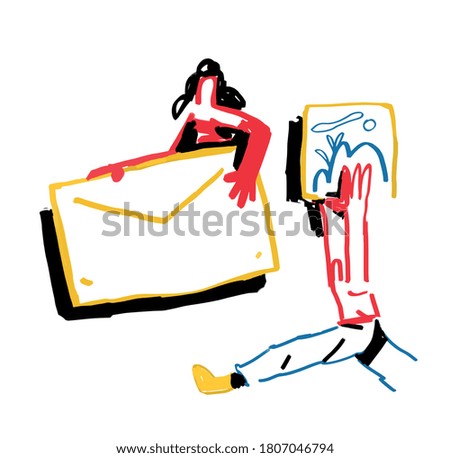 Send Vector concept. Somoes Holding Mail and image. Painting style and hand drawn. Bold line. Minimalist illustration, Primary Colors.