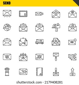 send vector line icons set. email, letterbox and email Icons. Thin line design. Modern outline graphic elements, simple stroke symbols stock illustration