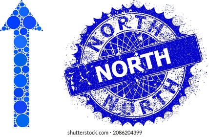 Send up vector mosaic of round dots in different sizes and blue color shades, and rubber North stamp. Blue round sharp rosette stamp includes North text inside it.