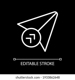 Send white linear icon for dark theme. Writing letter, social media communication. Share media file. Thin line customizable illustration. Isolated vector contour symbol for night mode. Editable stroke