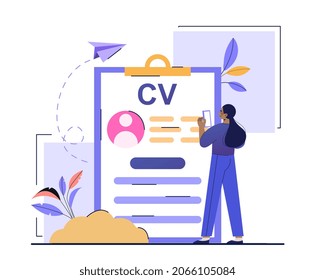 Send your CV. Businesswoman checks profile. HR, hiring, recruitment. Personnel search, selection from group of people, talent, success, staff, employee, resume Cartoon flat vector illustration