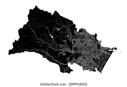 Sendai map. Detailed vector map of Sendai city administrative area. Cityscape poster metropolitan aria view. Black land with white streets, roads and avenues. White background.