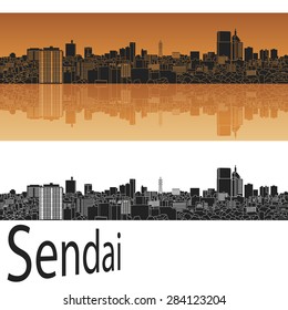 Sendai skyline in orange background in editable vector file