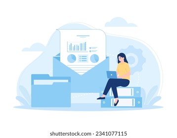 Enviando datos a través de la ilustración plana de concepto de tendencia de correo electrónico