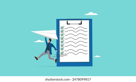 envío de documentos o tareas completadas por correo electrónico, freelance o work from home concept, empleado de negocios enviar un plano de papel que contiene tareas completadas con una lista de comprobación para el cliente o la empresa