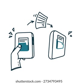 sending document from phone to phone illustration in hand drawn doodle style
