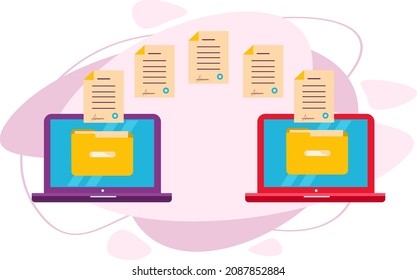 Sending documents via the Internet. File transfer. Two laptops with folders. Flat vector illustration.