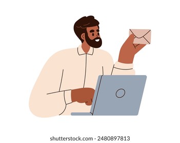 Sending email. Business correspondence, online communication via e-mail concept. Employee, office worker at laptop, holding work letter, envelope. Flat vector illustration isolated on white background