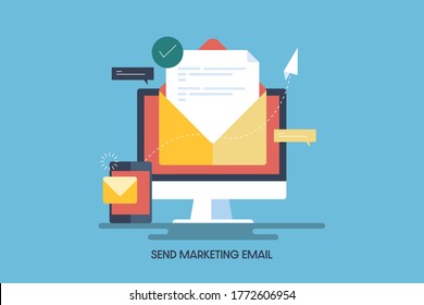 Sending email, Email campaign, email notification on computer, mobile email - conceptual vector illustration on isolated background