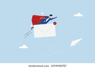 Sending email to communicate with client, professional businessman hero deliver big email envelope.