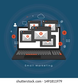 Sending email concept illustration. Email message and communication design. Vector illustration of email marketing and communication concept with email marketing digital advertising and media sign