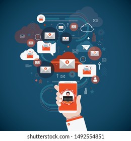 Sending email concept illustration. Email message and communication design. Vector illustration of email marketing and communication concept with email marketing digital advertising and media sign