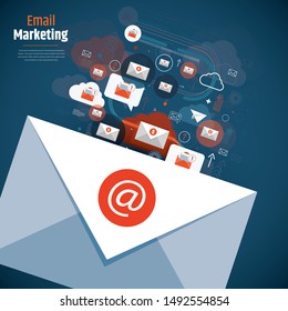 Sending email concept illustration. Email message and communication design. Vector illustration of email marketing and communication concept with email marketing digital advertising and media sign