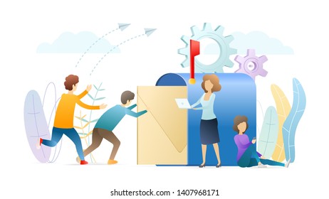 Sending email flat vector illustration. Online communication, chatting metaphor concept. Man putting envelope inside big mailbox cartoon characters. Correspondence, letter. Mailing, postal service.