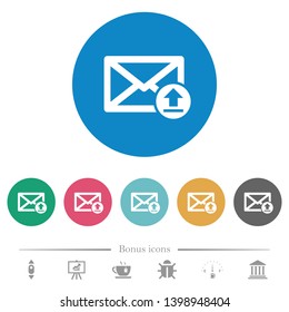 Sending email flat white icons on round color backgrounds. 6 bonus icons included.
