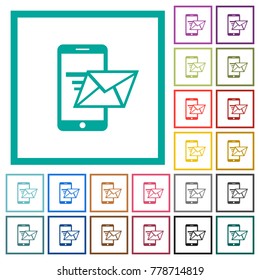 Sending email from mobile phone flat color icons with quadrant frames on white background