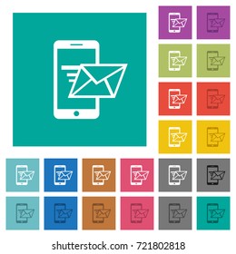 Sending email from mobile phone multi colored flat icons on plain square backgrounds. Included white and darker icon variations for hover or active effects.