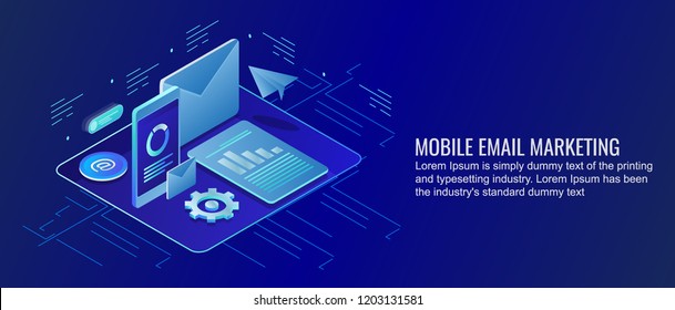 Sending email to mobiles, email marketing, mobile message flat design isometric vector banner