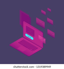 Sending an email. Email on the laptop screen. Isometric vector illustration.