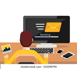 Sending email process on desktop screen concept. Email. Person working on computer. Modern flat design for Web Banner , Website Element , Brochures, or Book cover