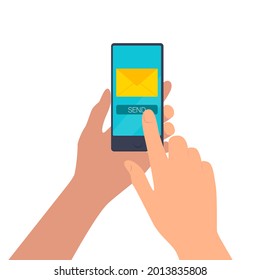 Sending an e-mail from a smartphone. Hands are holding the phone. Vector illustration