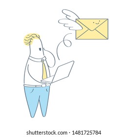 Sending email, sms, message or information. Funny envelope with wings flies away from the computer which is held by a businessman. Outline vector illustration on white background.