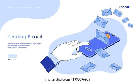 Sending E-mail using your smartphone.Sending emails using e-mail.The concept of online communication.3D image.Isometric vector illustration.The landing page template.