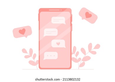 Sending emails and love messages online by phone over the Internet. Phone with pink hearts. Concept of love correspondence. Сongratulation on St. Valentine's Day. Vector isolated on white 