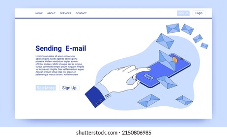 Sending  E-mail.Using a smartphone to communicate between people.An illustration in the style of the landing page is blue.