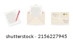 Sending envelope with letter. Envelope with stamps, written paper letter. Mail delivery vector set. Envelope mail correspondence illustration