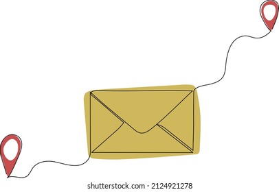 Sending envelope from one destination to another. Continuous one line drawing. Minimalistic vector illustration.
