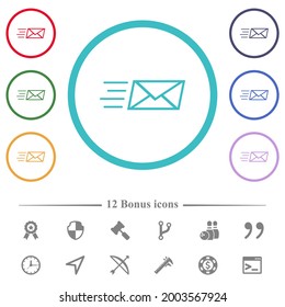 Sending express mail outline flat color icons in circle shape outlines. 12 bonus icons included.