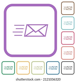 Enviar iconos simples de contorno de correo expreso en marcos cuadrados redondeados de color sobre fondo blanco