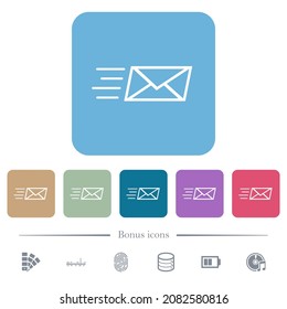 Sending express mail outline white flat icons on color rounded square backgrounds. 6 bonus icons included
