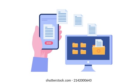Senden eines Dateikonzepts, Hand, die ein Telefon hält, Übertragungsdatei, E-Mail, E-Mail-Flat-Vektorgrafik-Vorlage