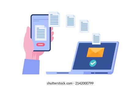 sending a file concept, hand holding a phone, transfer file, mail, sending email flat illustration vector template