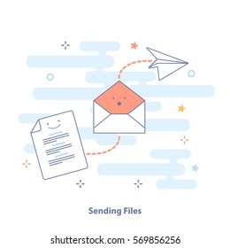 Sending Files by mail or email. The document form, envelope and paper airplane. Outline icon and concept vector set in light colors. Premium quality illustration design for website, app or banner.  