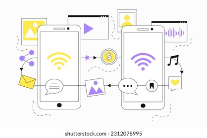 Envía el concepto de archivos. Conexión inalámbrica de dispositivos, sincronización de gadgets. Smartphones con símbolo WiFi. Cargando y descargando documentos al teléfono. Ilustración lineal vectorial