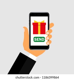 Sending a gift by phone. Vector illustration. Flat design for business financial marketing banking web concept cartoon illustration.